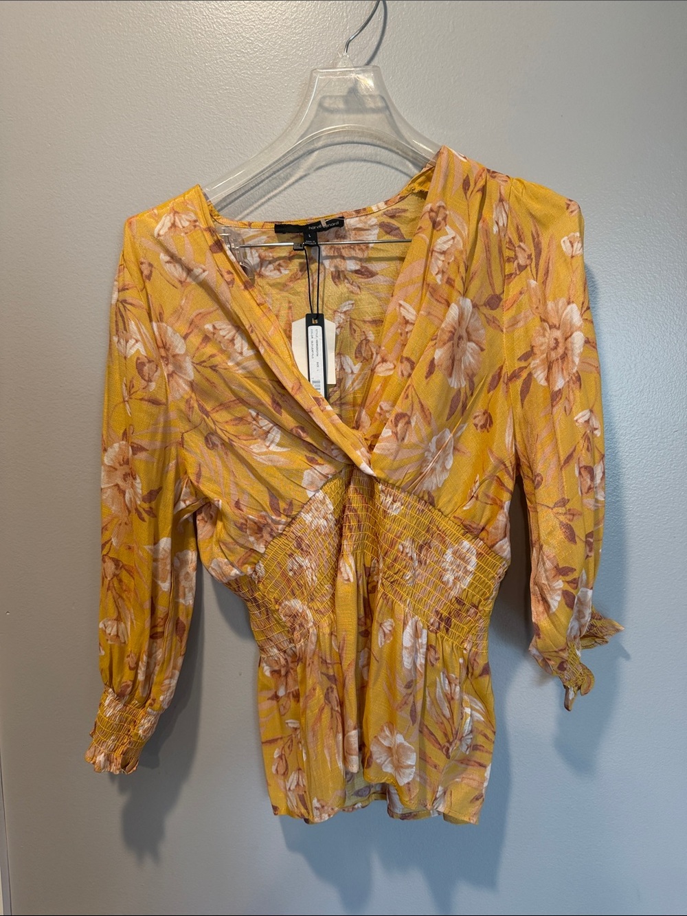 Harve Benard Yellow Floral V-Neck Smocked Waist Blouse